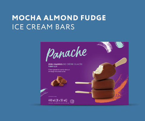 An image of Panache's product ice cream bars and text reading "Mocha Almond Fudge Ice Cream Bars".