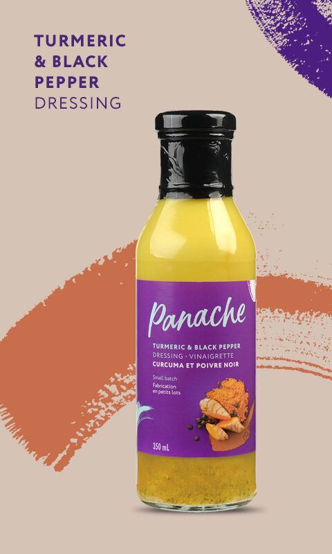 A photo of a bottle of Panache's Turmeric and black pepper product and text reading "Turmeric and black pepper dressing".