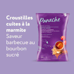 Une photo de Panache's Croustilles Cuites produit et lecture de texte "Croustilles cuites a la marmite Saveur barbecue au bourbon sucre et piquant".