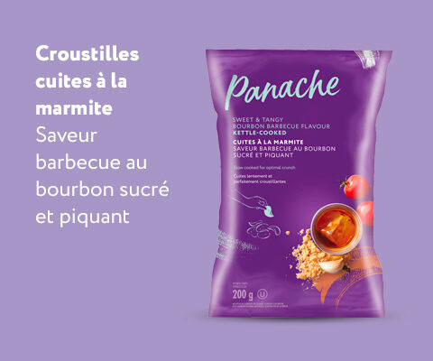 Une photo de Panache's Croustilles Cuites produit et lecture de texte "Croustilles cuites a la marmite Saveur barbecue au bourbon sucre et piquant".