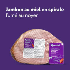 Une photo du produit Jambon au miel en spirale de Panache et la lecture du texte "Jambon à miel en Spirale fume au noyer".